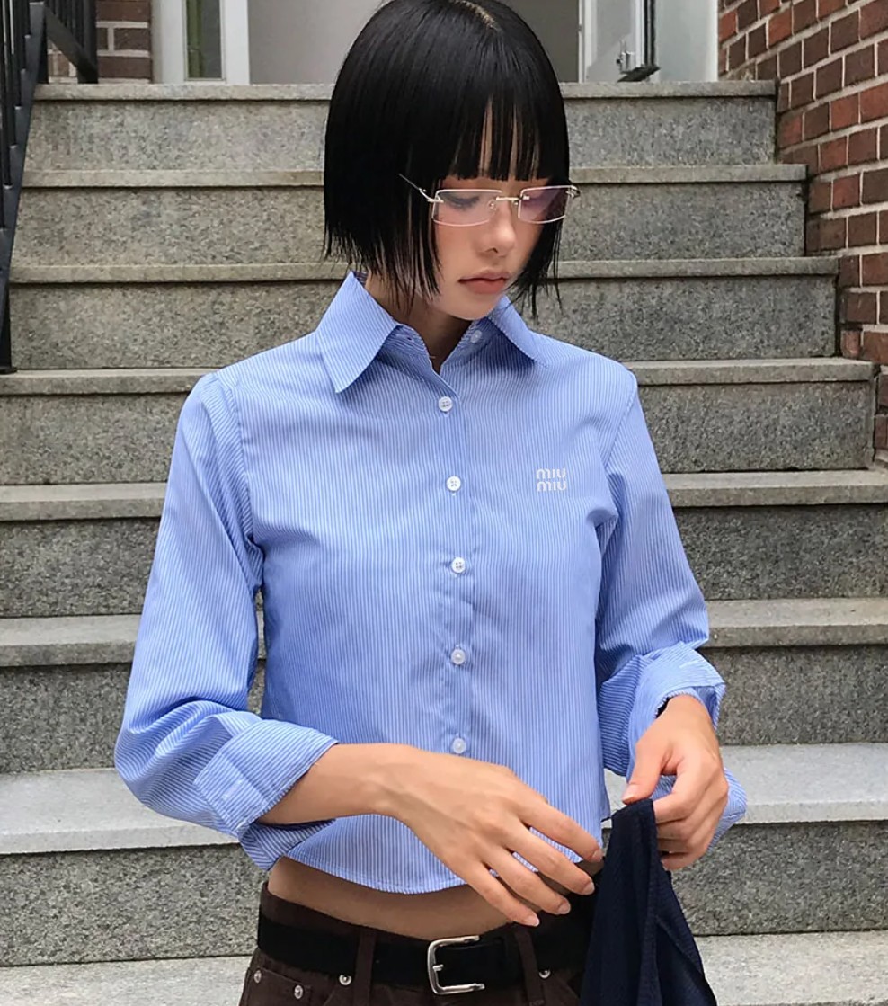 20413_MIU 세미크롭 스트라이프 셔츠