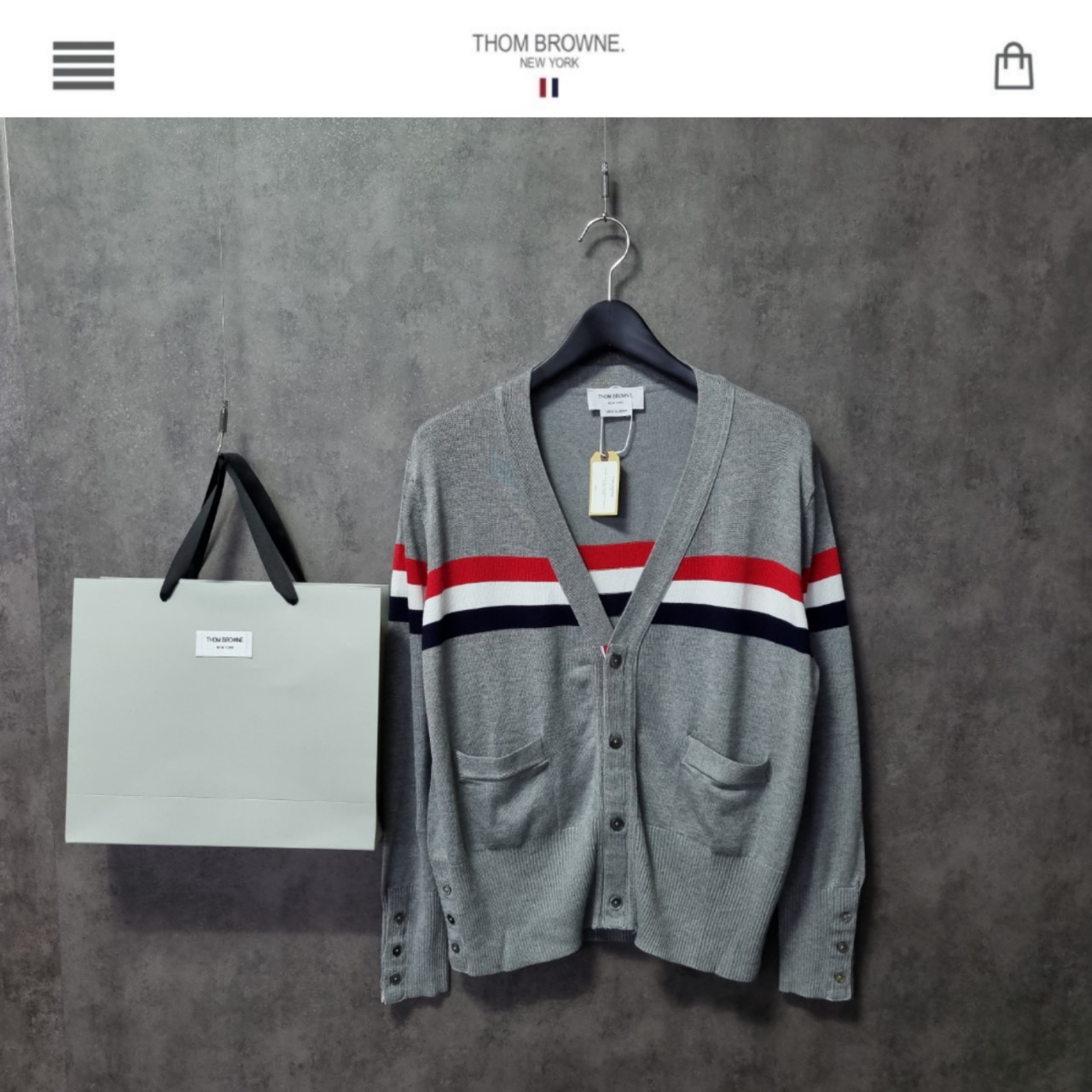 톰*브라운 삼선 메리노 울가디건 신상 그레이