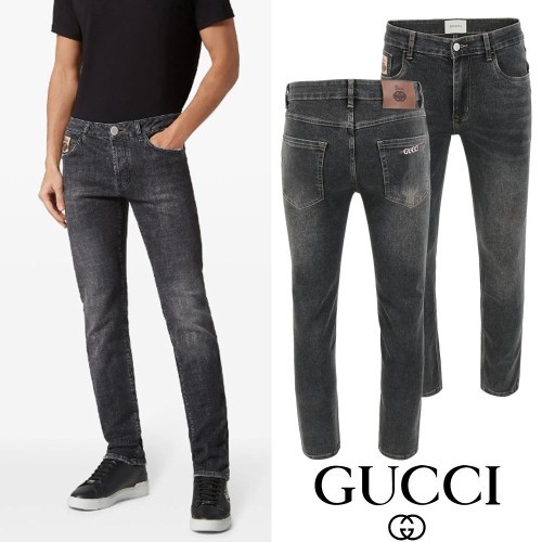 GC 더블로고 레터링 자수 흑청 슬림진