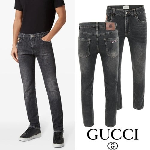 GC 더블로고 레터링 자수 흑청 슬림진