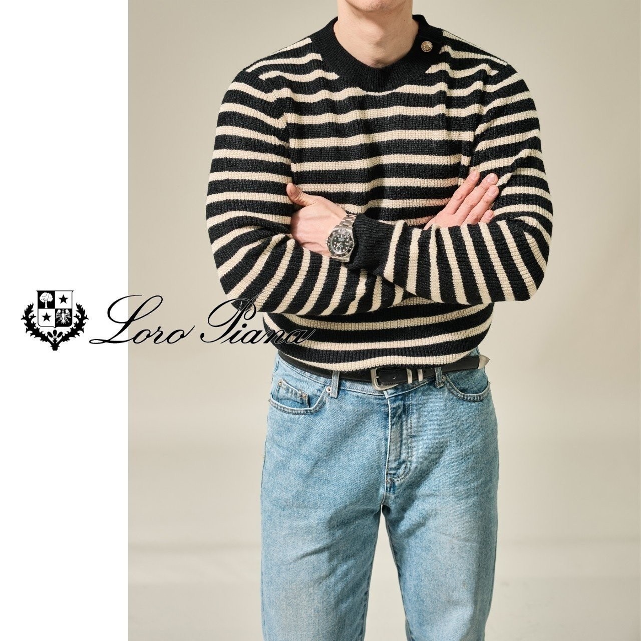 LLP 최고급 스트라이프 견장 니트