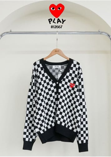 🔆 [Comme des Garcons] 꼼데가르송 여성 하트 로고 체커보드 브이넥 니트 가디건 🔆