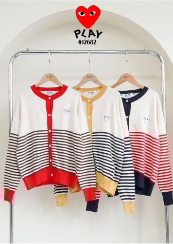 🔆 [Comme des Garcons] 꼼데가르송 여성 화이트 하트 로고 배색 스트라이프 라운드 니트 가디건 🔆