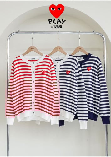 🔆 [Comme des Garcons] 꼼데가르송 여성 레드 하트 로고 스트라이프 라운드 니트 가디건 🔆