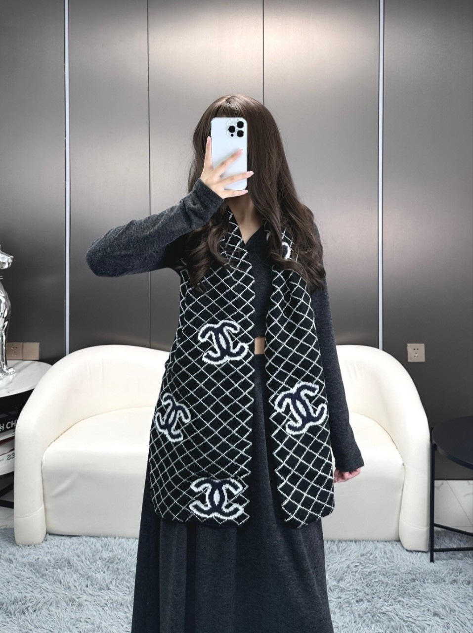 샤넬 CC 패턴 리버시블 울 캐시미어 숄 머플러