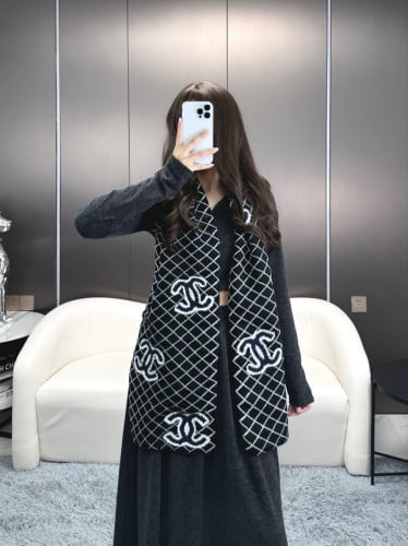 샤넬 CC 패턴 리버시블 울 캐시미어 숄 머플러