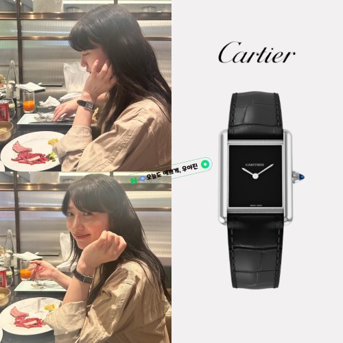 까르띠에 탱크 머스트 워치 표예진. 시계 스몰 쿼츠 스틸 앨리게이터 스킨 블랙