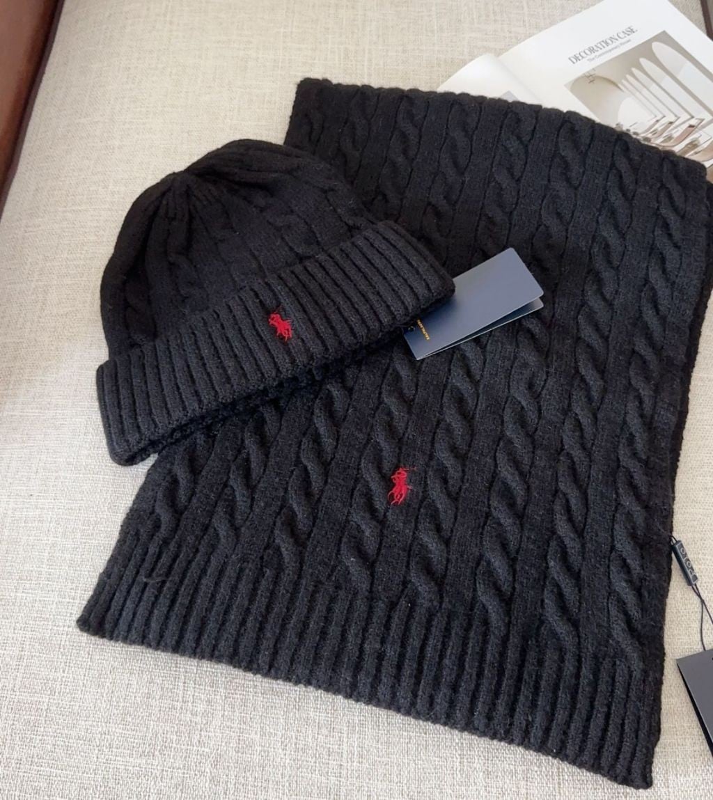 폴로 랄프로렌 꽈배기 니트 머플러 & 비니 세트 블랙