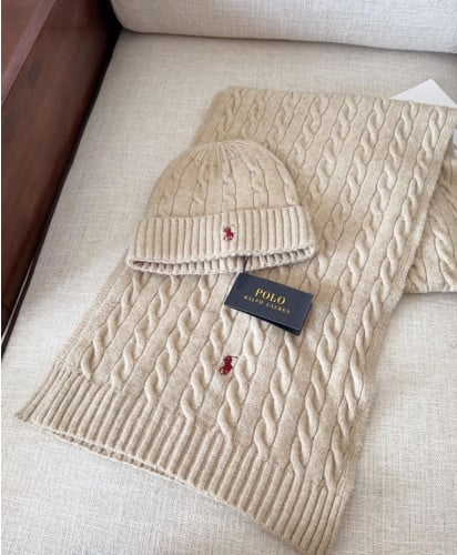 폴로 랄프로렌 꽈배기 니트 머플러 & 비니 세트 베이지