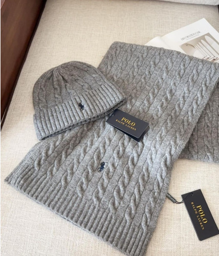 폴로 랄프로렌 꽈배기 니트 머플러 & 비니 세트 그레이