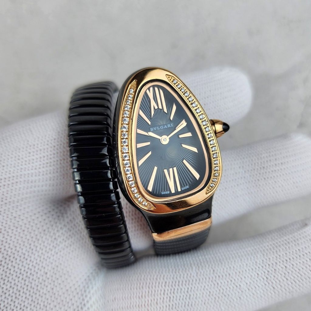 불가리 세르펜티 투보가스 워치 로즈골드 블랙 다이얼 다이아 블랙줄 시계