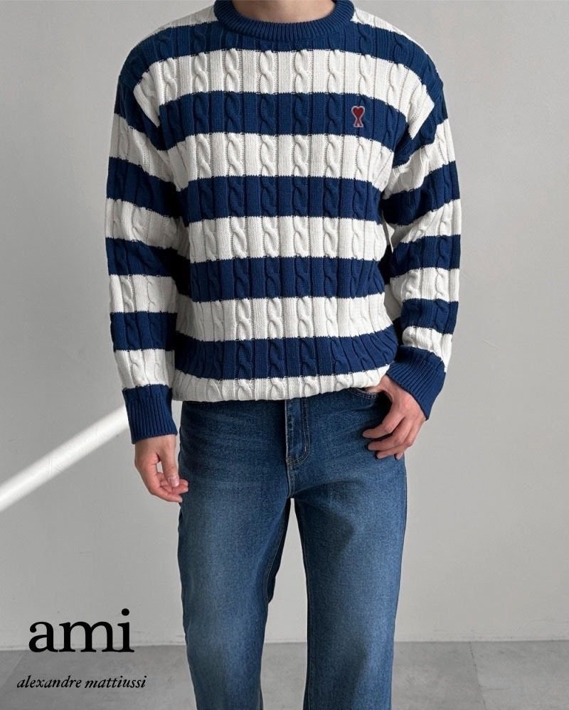 💕 아* 스몰하트 패치 폼 스트라이프 라운드 니트