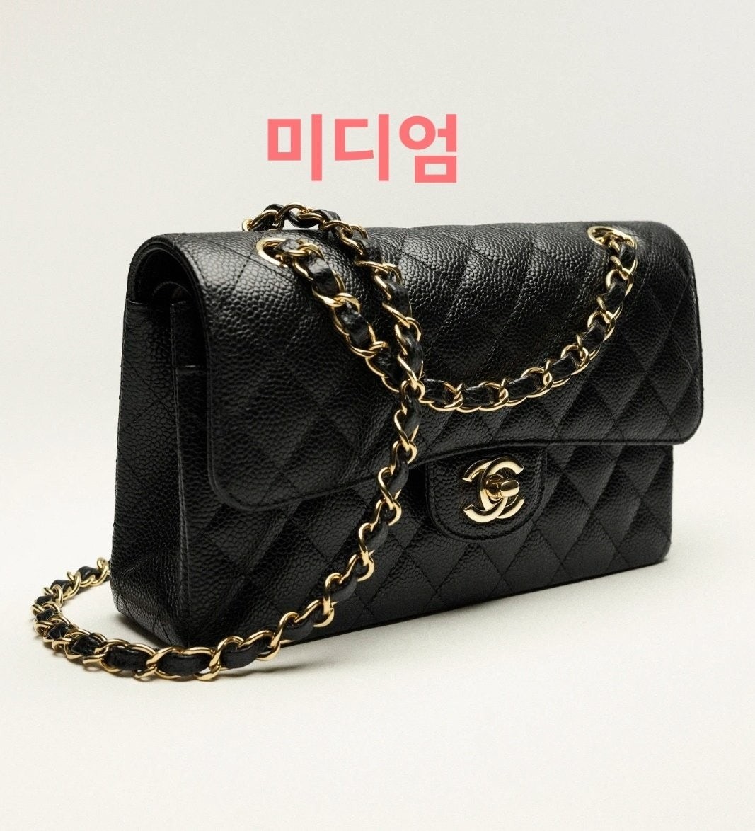 💕 샤* NEW 클래식 미듐 캐비어 블랙 금장 ❤풀박스❤️