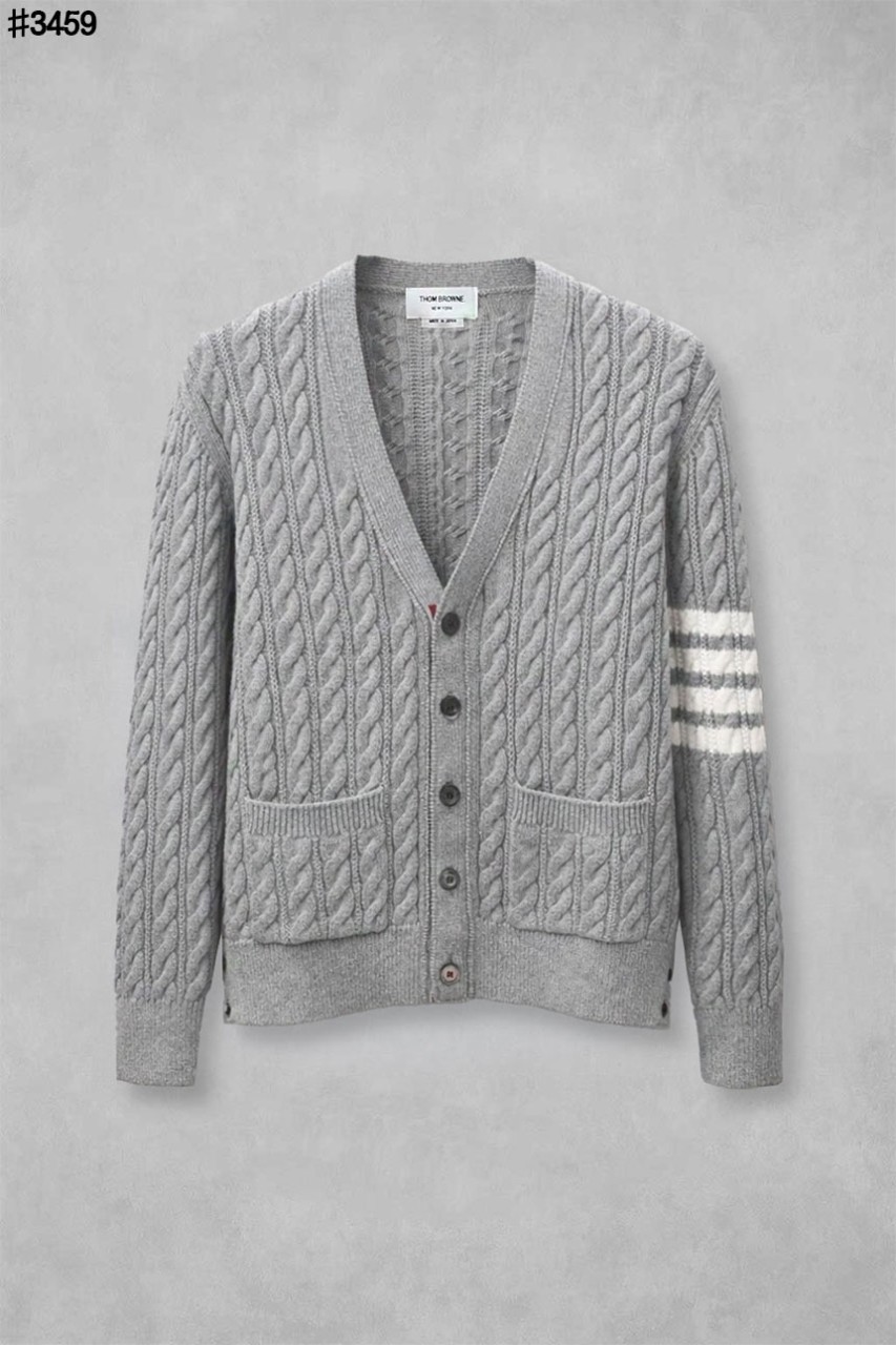 🍀 [THOM BROWNE] 톰브라운 코튼 사선 4-바 케이블 울 니트 브이넥 가디건 🍀