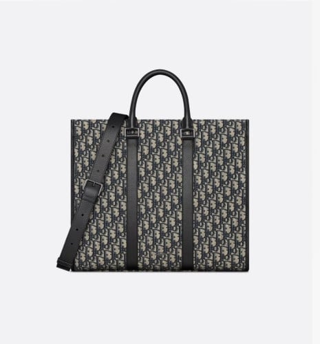 💕 디* East-West 토트백 베이지 & 블랙 Oblique 자카드, 블랙 그레인 송아지 가죽