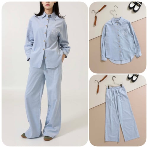 #로에베 [ L*EWE ] 수입 아나그램 자수 로고 코듀로이 셔츠 & 팬츠 SET -스카이블루- 입고💢 #여성세트 #셔츠바지