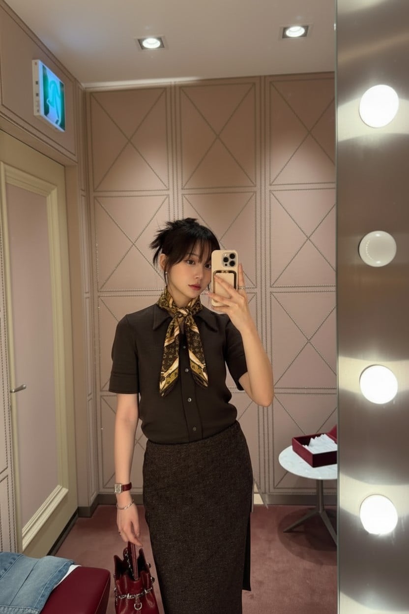 루VVV 모노그램 브라운 키링로고 스카프