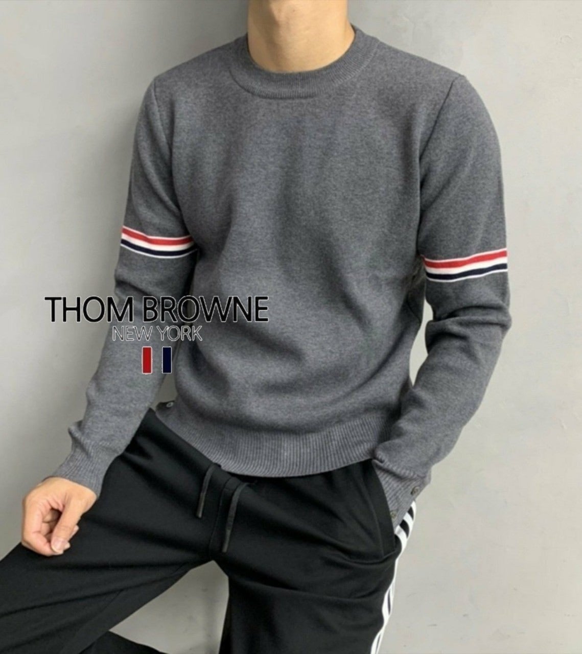 톰 옴므 삼선 라운드 니트 1016