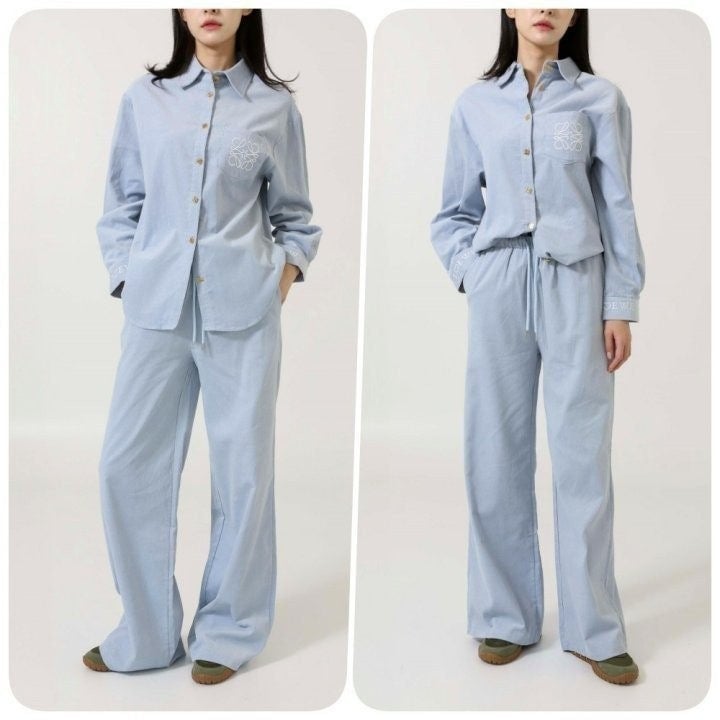 여성 아나그램 자수 로고 코듀로이 셔츠 & 팬츠 SET LOE-566