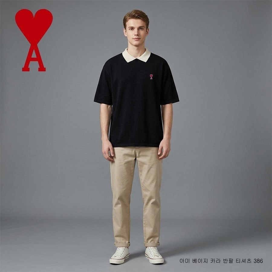 💕 아* 베이지 카라 반팔 티셔츠 386