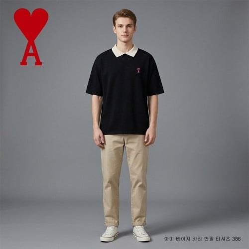 💕 아* 베이지 카라 반팔 티셔츠 386