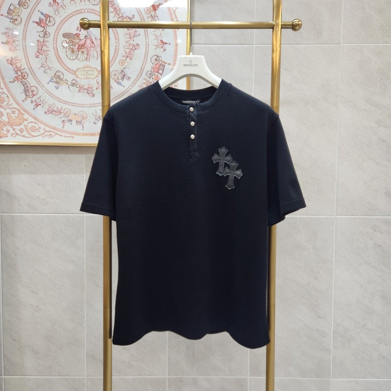 💕 크* NO.19 와플헨리넥 리얼레더 크로스 티셔츠