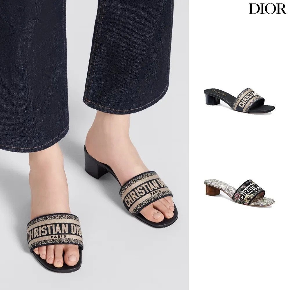 💕 디* 디웨이 뮬 힐 체크앤디* 자수 코튼 네이비 블루