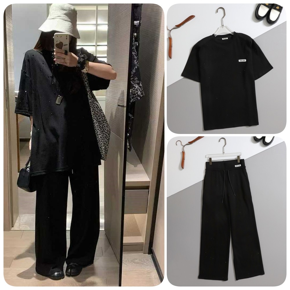 #미우미우 [ miu ] 수입 스팽글 오버 반팔 티셔츠 & 립 밴딩 팬츠 SET -블랙- 입고💢 #여성세트 #트레이닝셋