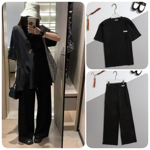 #미우미우 [ miu ] 수입 스팽글 오버 반팔 티셔츠 & 립 밴딩 팬츠 SET -블랙- 입고💢 #여성세트 #트레이닝셋