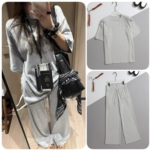 #미우미우 [ miu ] 수입 스팽글 오버 반팔 티셔츠 & 립 밴딩 팬츠 SET -그레이- 입고💢 #여성세트 #트레이닝셋