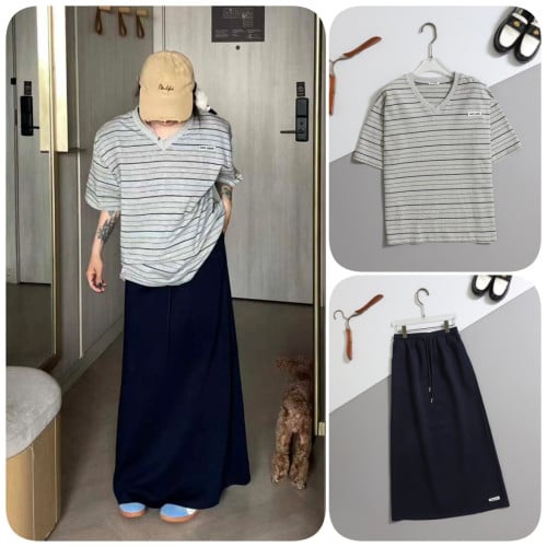 #미우미우 [ miu ] 수입 스트라이프 브이넥 반팔 티셔츠 & 핀턱 밴딩 롱 스커트 SET -그레이- 입고💢 #여성세트 #트레이닝셋