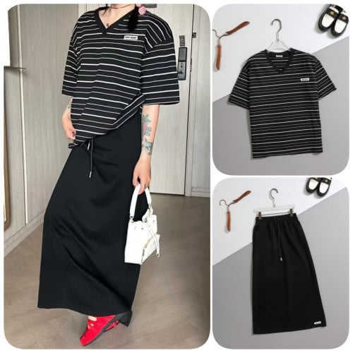 #미우미우 [ miu ] 수입 스트라이프 브이넥 반팔 티셔츠 & 핀턱 밴딩 롱 스커트 SET -블랙- 입고💢 #여성세트 #트레이닝셋