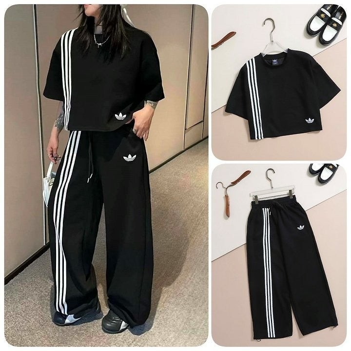 여성 퓨쳐 삼선 크롭 & 루즈 프렌치 와이드 레그팬츠 SET 블랙 AD-9510