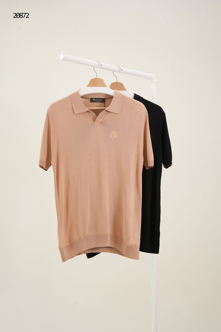 🔆 [LORO PIANA] 로로피아나 오픈 카라 로고 자수 반팔 니트 티셔츠 🔆