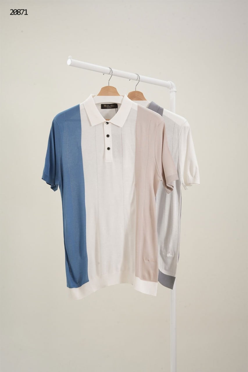 🔆 [LORO PIANA] 로로피아나 스트레이트 뮤트톤 배색 컬러 포인트 카라 반팔 티셔츠 🔆